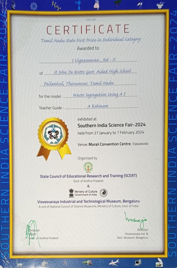 Southern India Science Fest State First Prize certificate